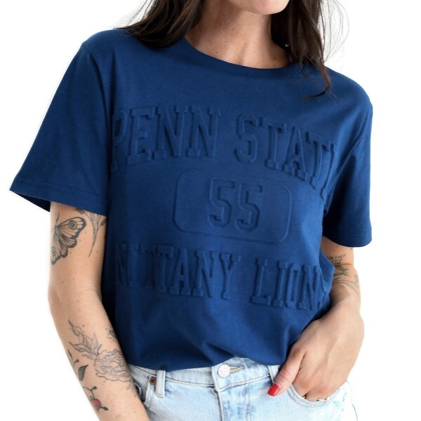 model wearing navy short sleeve t-shirt embossed Penn State 55 Nittany Lions